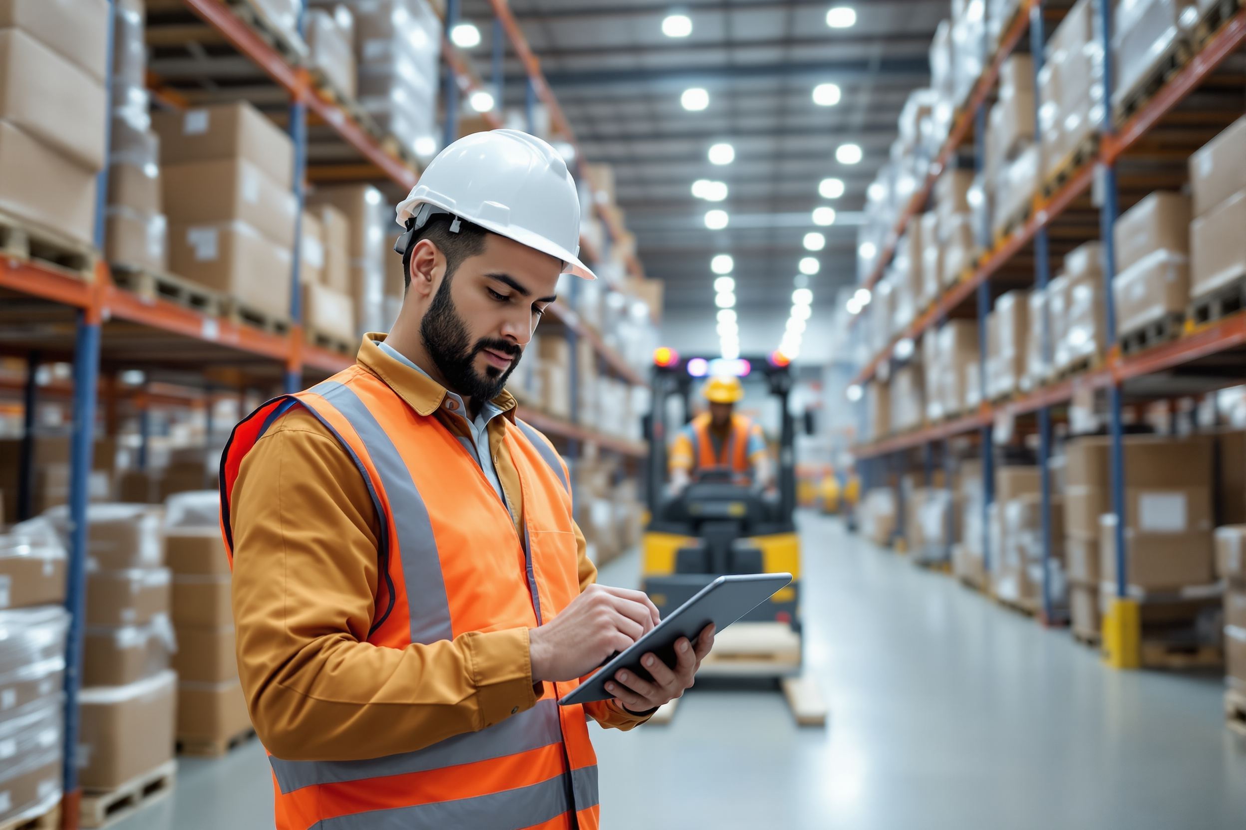 Lagerarbeiter und Gabelstaplerfahrerin arbeiten in einem Logistikzentrum in Deutschland mit Tablet und Gabelstapler.