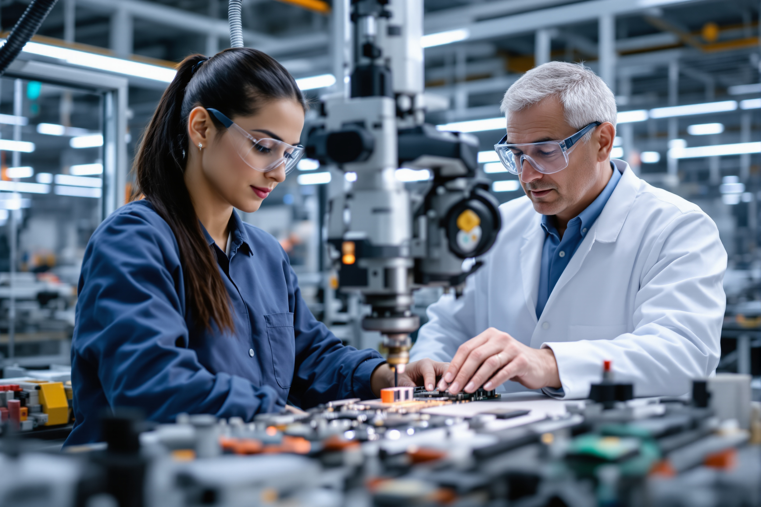 Moderne Fertigung: Latina Arbeiterin überwacht Roboterarm in deutscher Produktionsanlage