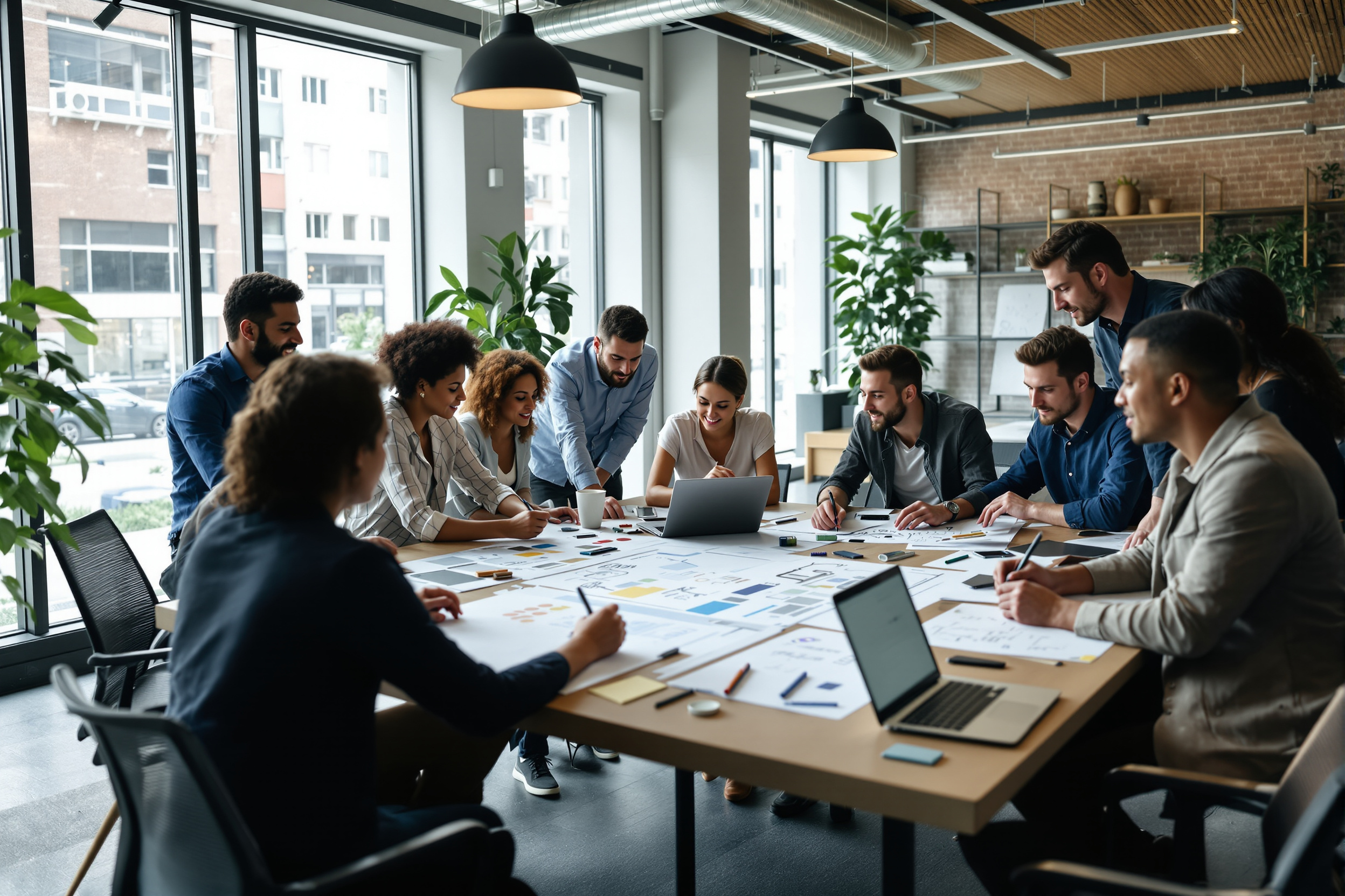 Mitarbeiter arbeiten gemeinsam an einer Employer Branding Strategie in einem modernen Büro.